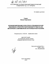 Диссертация по филологии на тему 'Функционирование культурно-специфической лексики в структуре поэтического текста'