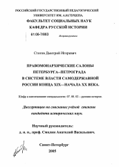 Диссертация по истории на тему 'Правомонархические салоны Петербурга-Петрограда в системе власти самодержавной России конца XIX - начала XX века'